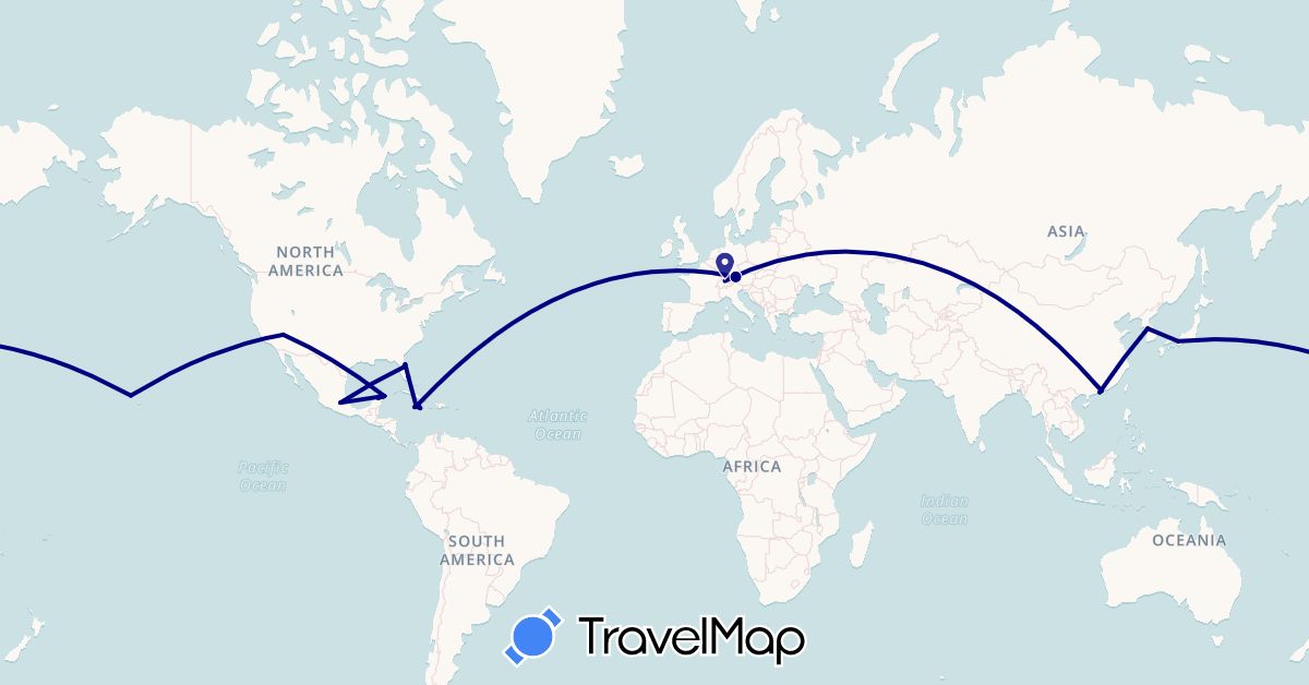 TravelMap itinerary: driving in Switzerland, China, Germany, Jamaica, Japan, South Korea, Mexico, United States (Asia, Europe, North America)